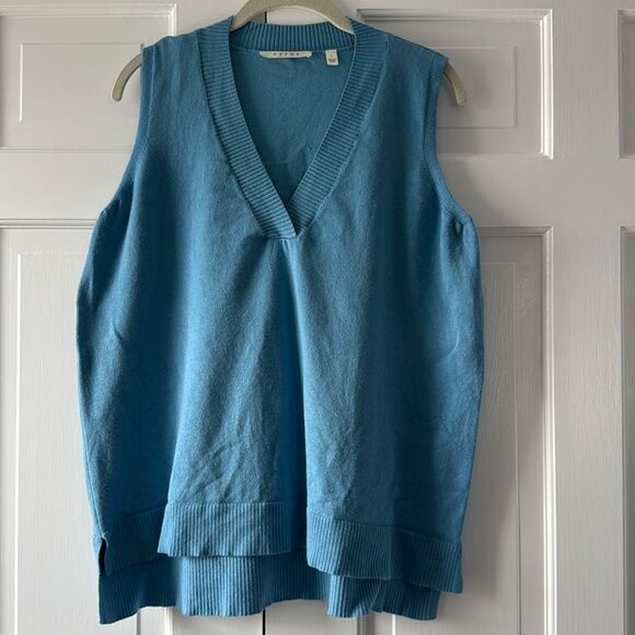 CYRUS BLUE VEST WOMEN SIZE LARGE V-NECK SIDE SLITS A-LINE LAGENLOOK - Picture 1 of 7